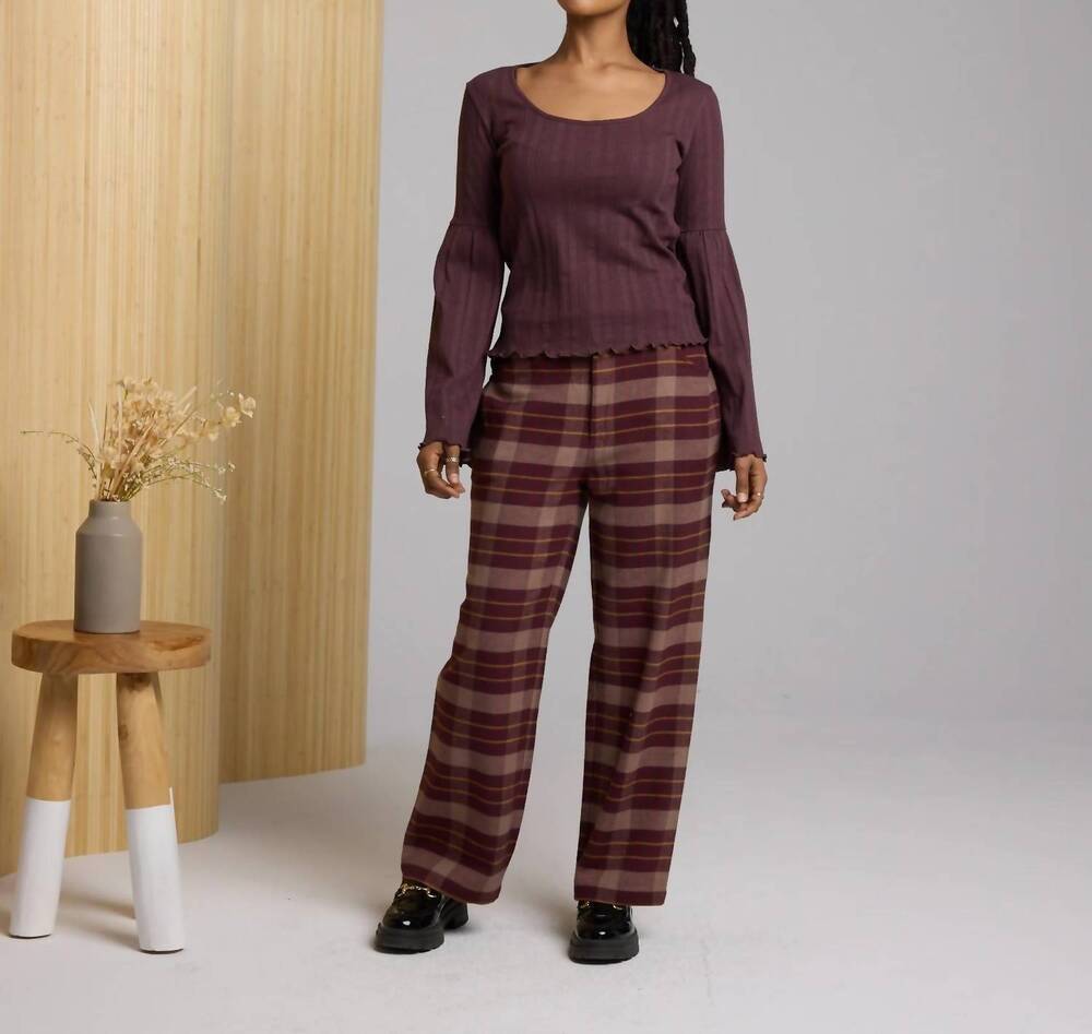 NEW KNOWN SUPPLY steward wide leg pant in fudge plaid